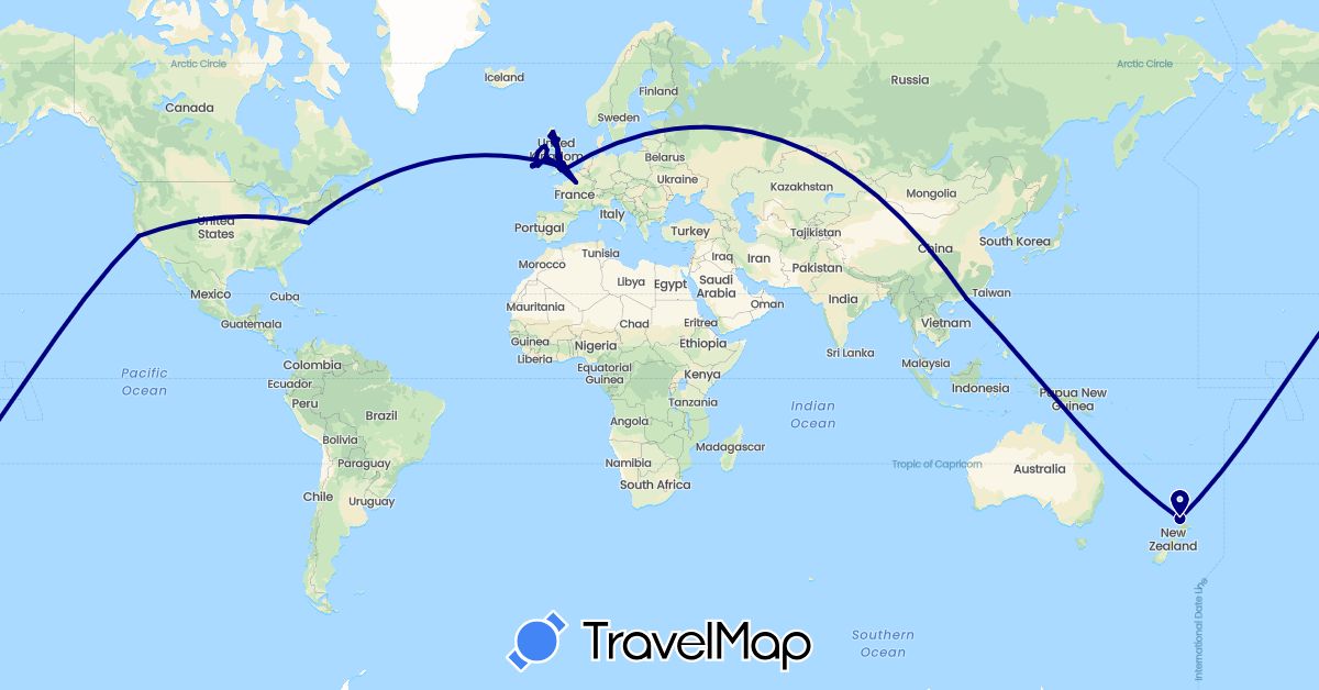 TravelMap itinerary: driving in China, France, United Kingdom, Ireland, New Zealand, United States (Asia, Europe, North America, Oceania)